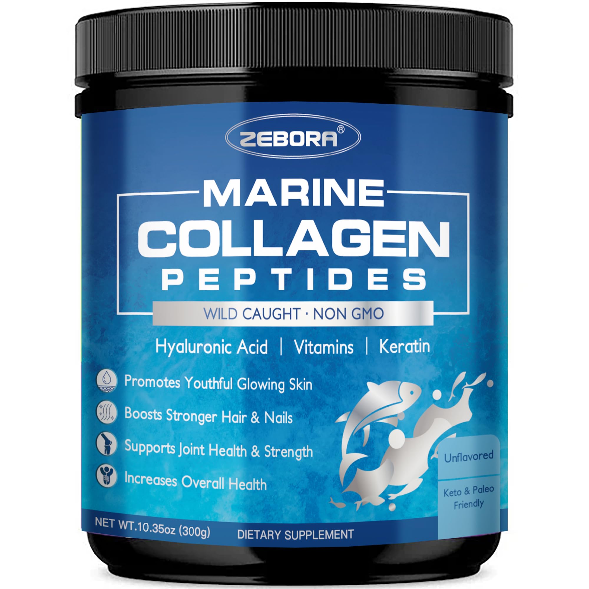 ZEBORA Marine Collagen Peptides Powder with Hyaluronic Acid, Keratin - Wild Caught Hydrolyzed Fish Collagen with Multivitamins - Support Skin Hair Nail, Keto Friendly, 35 Servings