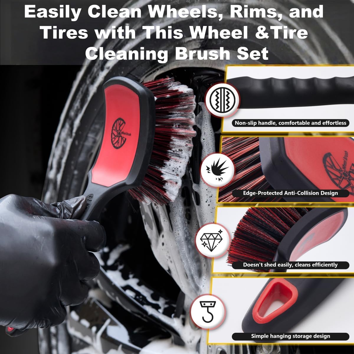 Car Wheel & Tire Brush Set, 2Pack Tire Brush and Wheel Rim Brush, Soft & Stiff Bristle Wheel Cleaner Brushes, Scratch-Free Car Wheel Brush Kit for Cleaning Wheels, Tires, Cars, Trucks