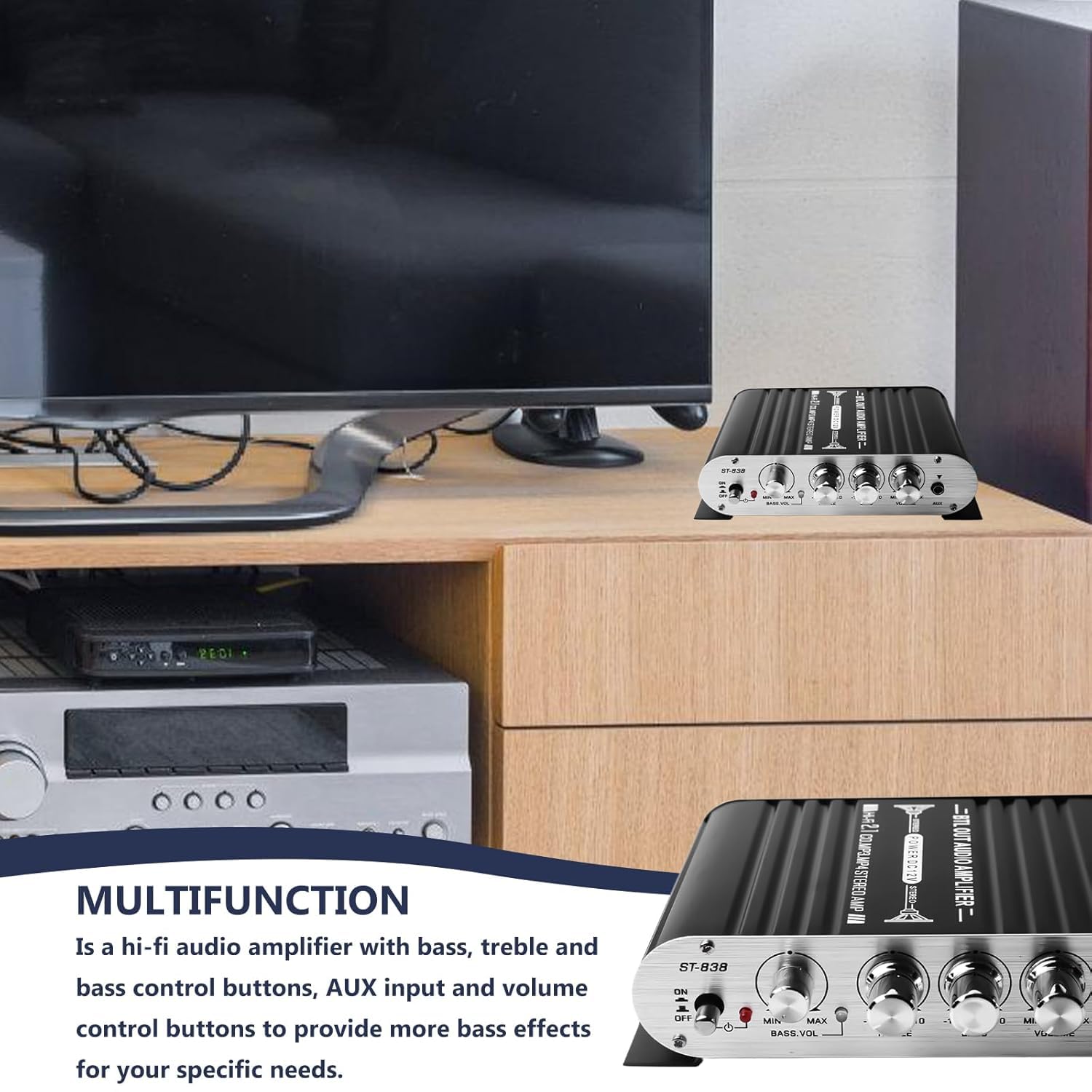 HiFi wzmacniacz audio, RMS 20 W x 2 + 40 W ST-838 mini wzmacniacz HiFi z wyjściem subwoofera, wzmacniacz stereo Class D 2.1CH z kanałem AUX do domu, głośnika samochodowego (w zestawie adapter sieciowy