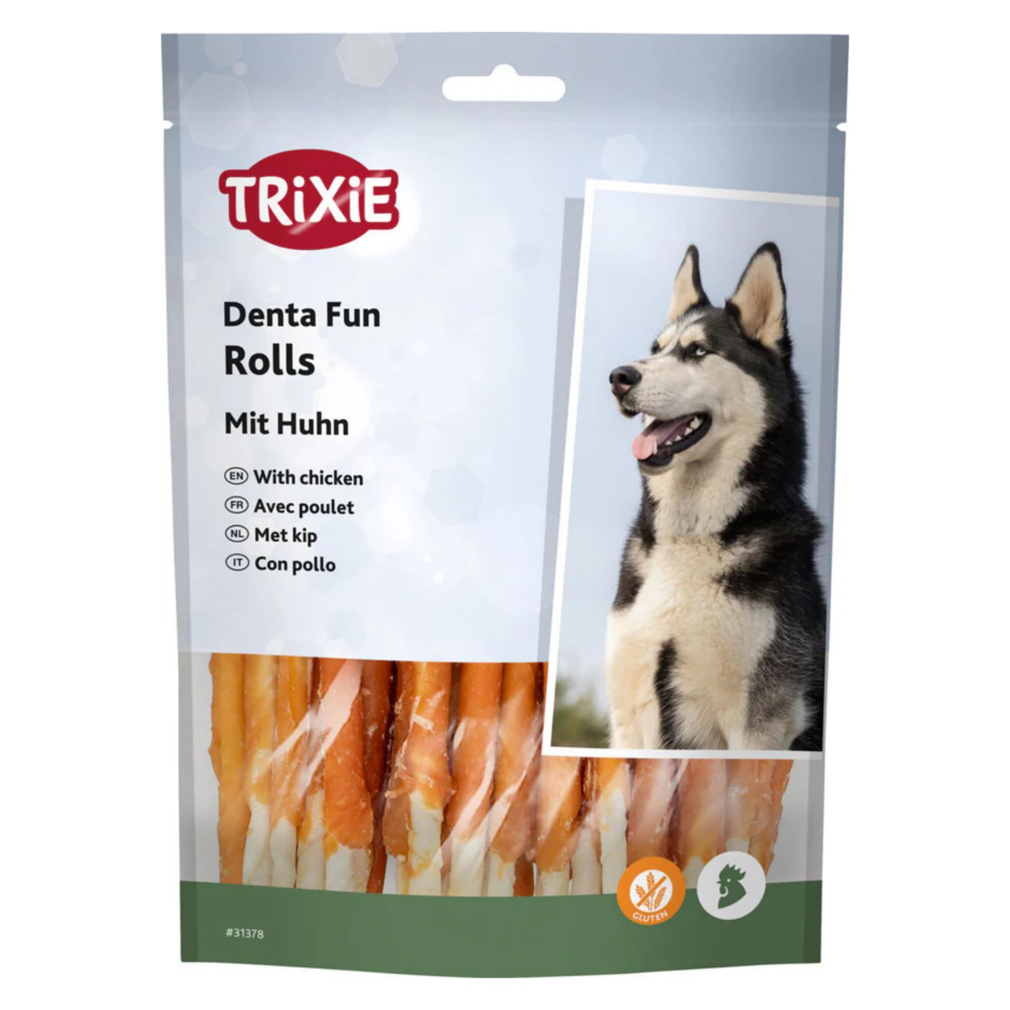 TRIXIE Hundeleckerli Denta Fun Chicken Chewing Rolls – 240 g, 30 St., 12 cm