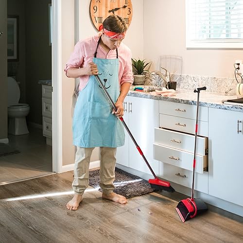 Miniatura 5 de Juego de escoba y recogedor para el hogar, mango largo (51 pulgadas de longitud), bandeja de polvo extensible para interiores, vestíbulo, oficina,