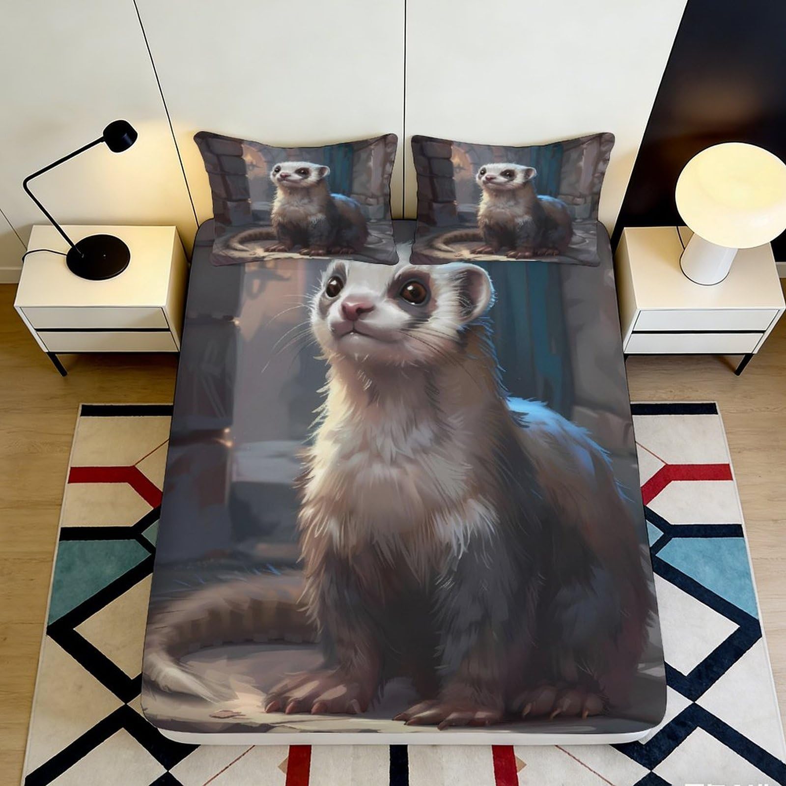 3D Printed Ferret Animal Fitted Sheet Microfiber Brown Realistic Art Mattress Cover for Bedroom Guest Room Dorm Decor 90x200x25cm