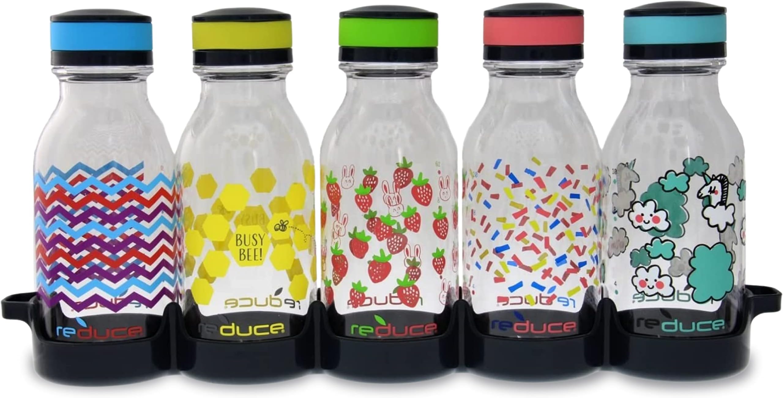 REDUCE WaterWeek Refillable Water Bottles, 14 oz - Includes 5 WaterWeek Leak Proof Tritan Reusable Water Bottles - Includes Fridge Tray - Berry Fun