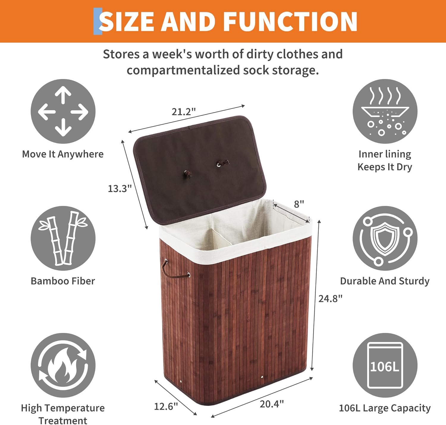 garveehome folding bamboo laundry hamper with lid, 28 gal /106l wooden laundry basket with washable liner bag, slim clothes storage hamper for small bedrooms apartments dorms, brown brown - rectangle