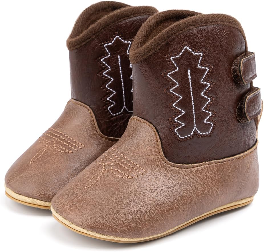 Baby Boys Girls Western Cowboy Boots Infant Moccasins High Top Booties Toddler Soft Sole Non-Slip First Walker Crib Shoes