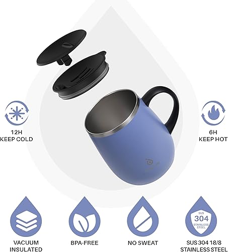 Miniatura 2 de Ideus - Taza de café aislada de 16 oz con asa y tapa, taza de café térmica de acero inoxidable de doble pared con aislamiento al vacío, taza de café