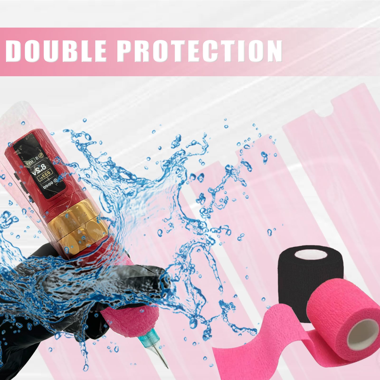 Coperture per Macchinette per Tatuaggi con Nastri di Presa - LEAYOKA 4 pezzi (5cmx4.5m) Tattoo Grip Tapes con 200 pezzi (6.5cmx18cm) Rosa Coperture Monouso per Macchine per Tatuaggi