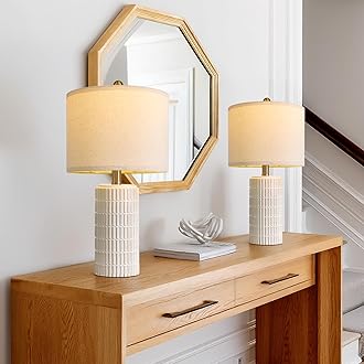 PoKat 20" Small Modern Ceramic Table Lamps Set of 2 for Bedroom, White Bedside Lamps for Night Stands, Farmhouse Decor Nightstand Table Lamps for Living Room End Table Beige
