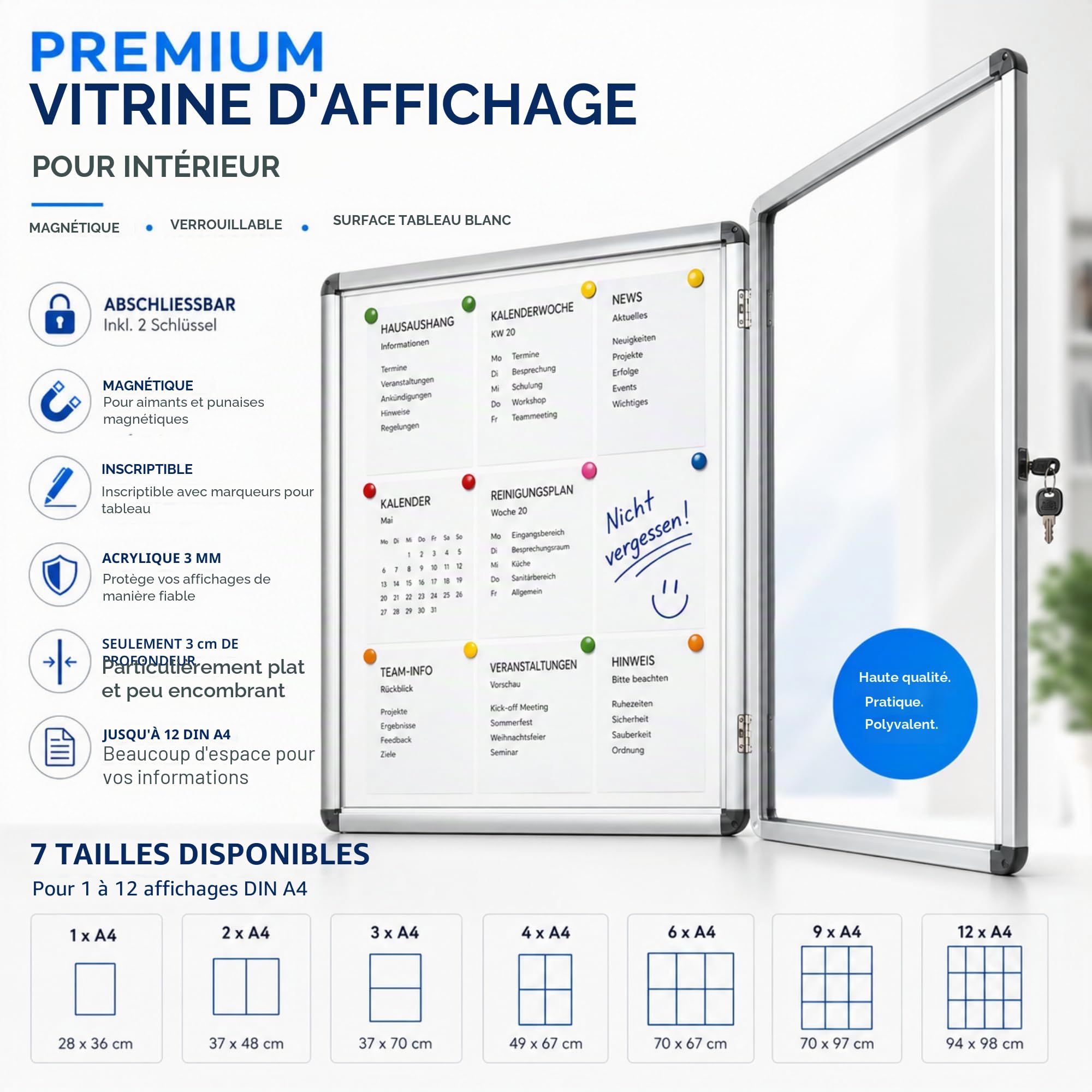 OfficeMarshal Vitrine 1 x A4 avec 2 aimants - Panneau arrière magnétique et inscriptible - Avec cadre en aluminium