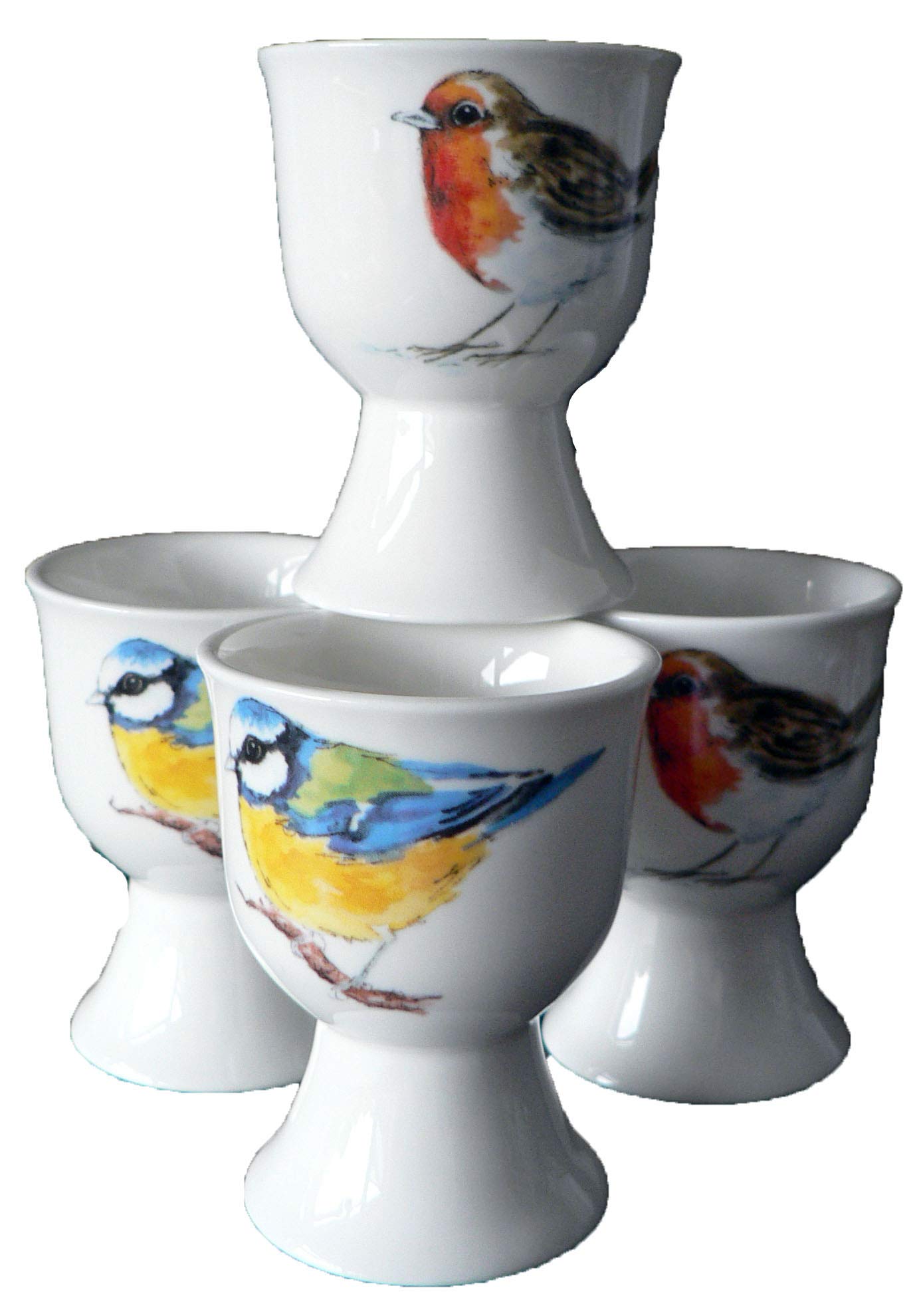 crackinchina Garden Bird egg cups eggcup porcelain set of 4-2 each Robin/Blue tit boxed