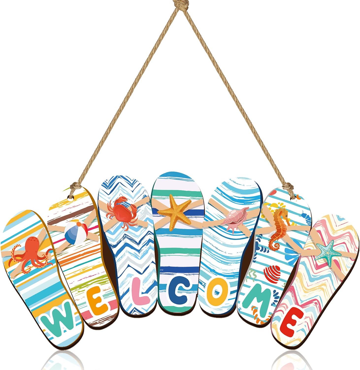 Summer Slippers Ice Cream Hanging Sign Wooden Summer Home Decoration Hello Summer Rustic Beach Plaque Welcome Beach Theme Decor for Door Wall Porch Indoor Outdoor, 12 x 6 x 0.2 Inch (Welcome Style)