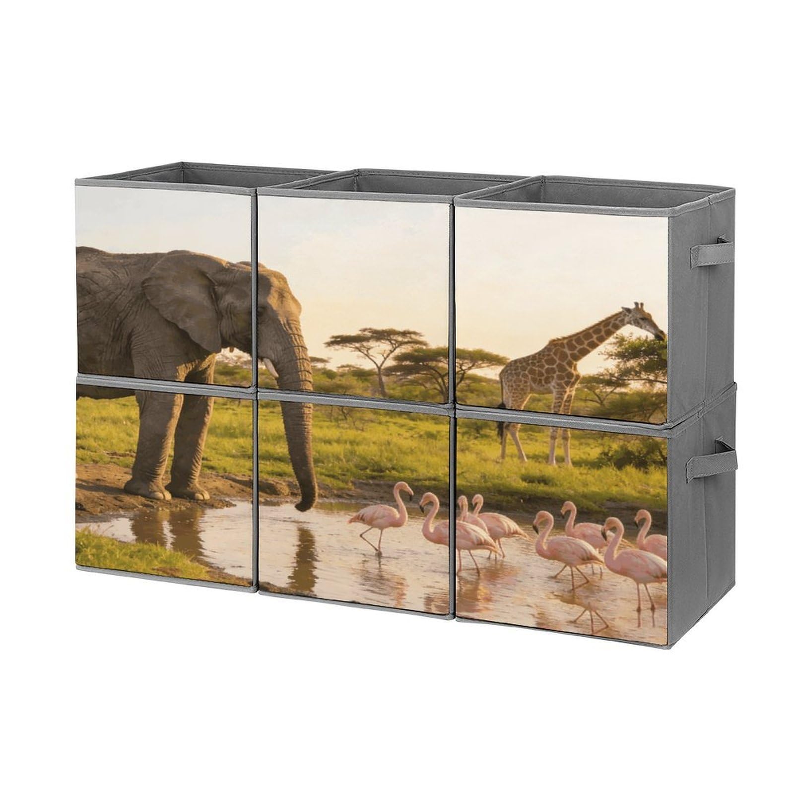 Fodpand Style Elephant, Flamingo, Giraffe Cube Bins With Double Handles,Set Of 6 Cube Organizer, Stackable And Foldable Storage Bins For Organization, Closet, Shelves, Offices