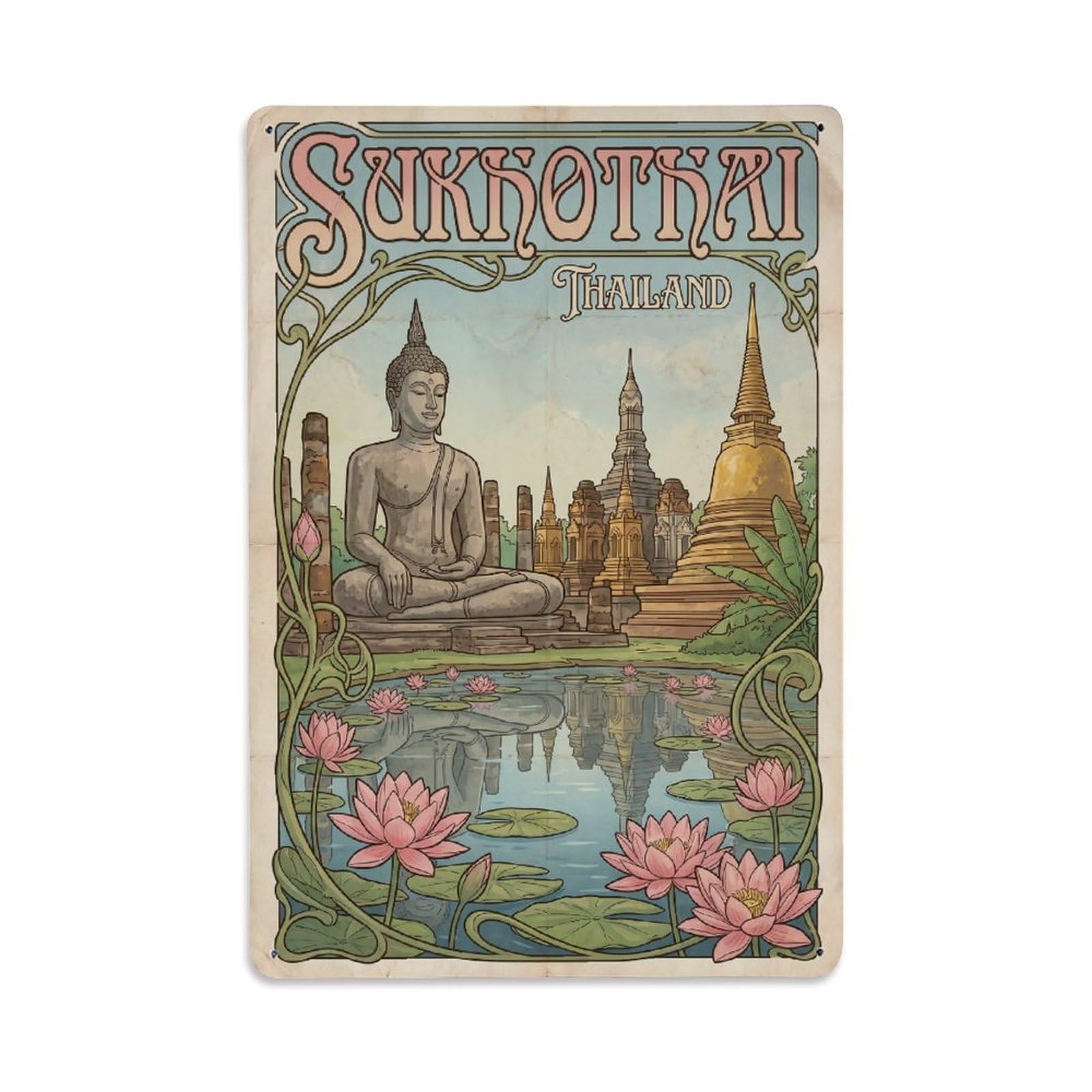Vintage Travel Thailand Sukhothai Metal Tin Sign Plaque Wall Decor for Cafe, Club Bar, Office, Garden Metal Poster 8x12Inch