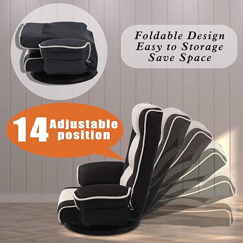 Miniatura 3 de FLOGUOR Silla giratoria de piso para juegos 360 con reposabrazos, silla de piso plegable multiángulo, respaldo acolchado, sofá perezoso para sala de