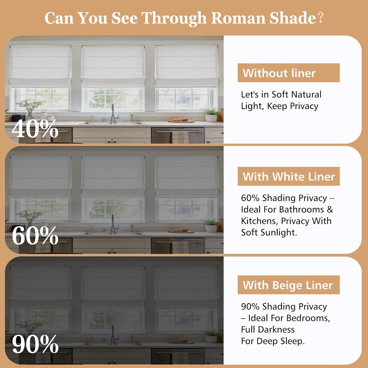 No Drill Roman Shades for Windows, Cordless Roman Shades Fabric Light Filtering, Blackout No Tools Blinds for Indoor Windows,Window Shades for Home Office, Badroom, Kitchen，Snow White