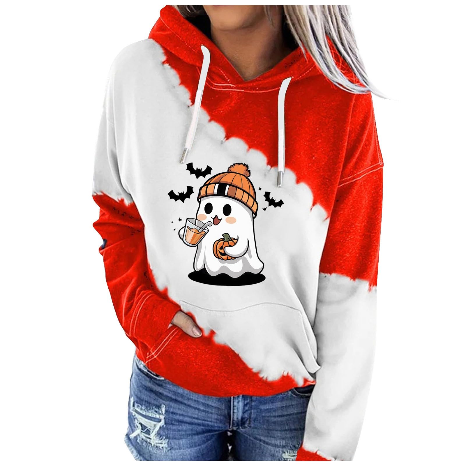 Halloween Hoodie Cute Ghost Pumpkin Graphic Sweatshirts Long Sleeve Oversized Hooded Pullover Tops With Pocket