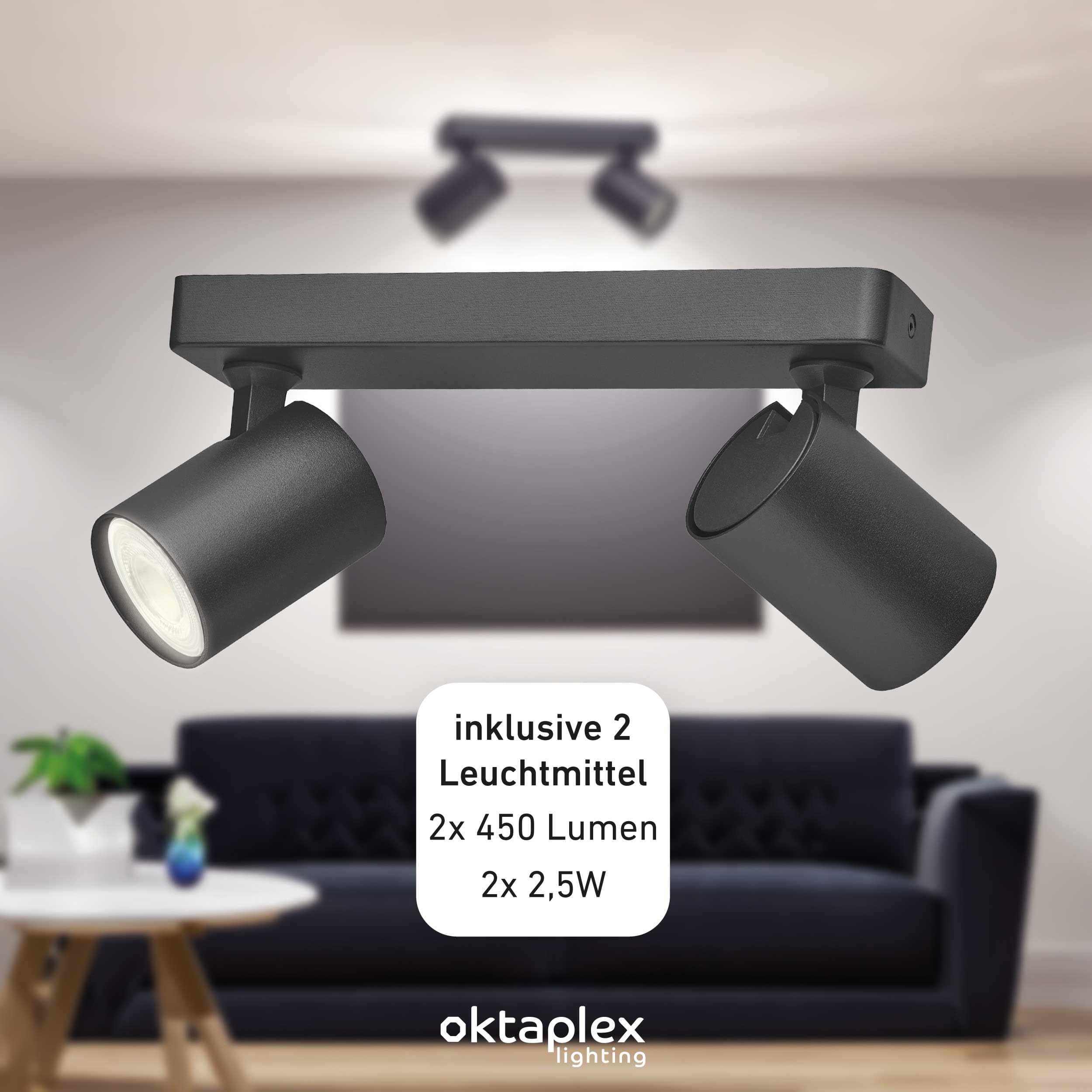 Oktaplex Bora Deckenstrahler Led 2-flammig schwarz inkl. Leuchtmittel | GU10 warmweiß 450lm 2,5W LED Strahler Deckenleuchte - Energieklasse A schwenkbar