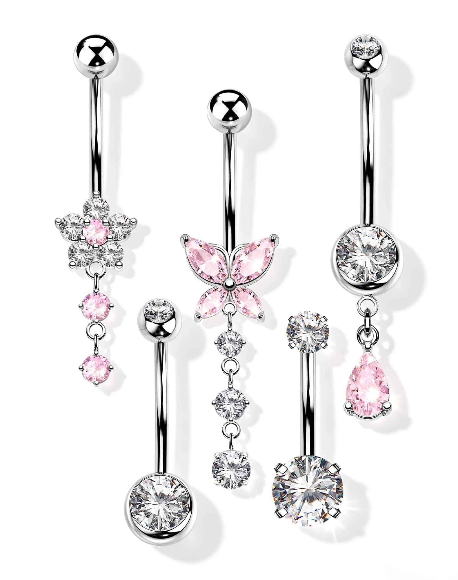 5PCS Belly Button Rings for Women 14G Dangle Navel Piercing Jewelry Set Surgical Stainless Steel Body Jewelry with CZ Butterfly Flower Teardrop Barbell for Beach Festival Daily