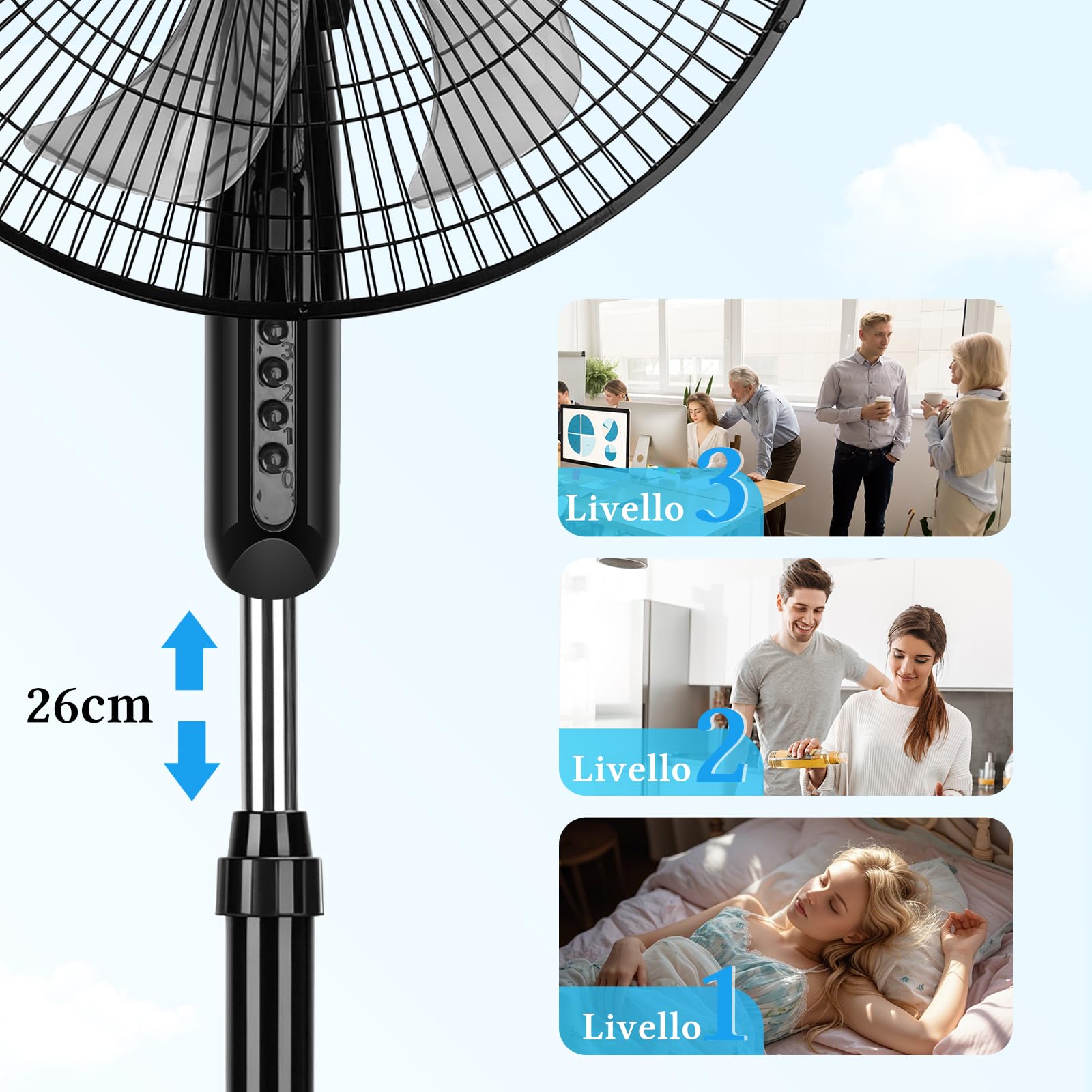 Taylor Swoden Ventilatore a Piantana Potente, 50W, 7 Pale, 3 Velocità Ventilatore Silenzioso, Oscillante, Altezza Regolabile, Griglia, Base Rotonda Stabile, Nero, 43x40x130cm
