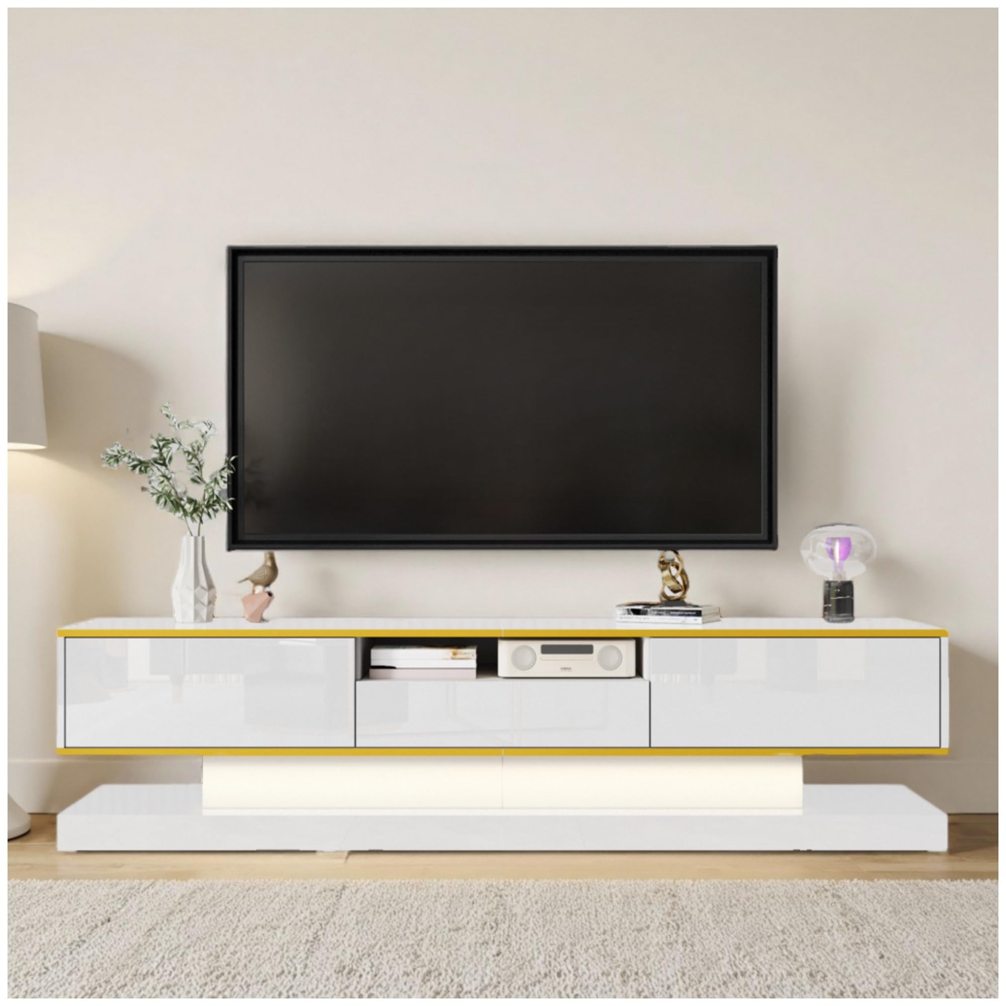 Mobile TV moderno, dotato di 3 cassetti e 1 ripiano aperto, con illuminazione LED a colori variabili, superficie lucida, 180x38x45 cm,mobili salotto porta tv,mobile soggiorno (bianco)