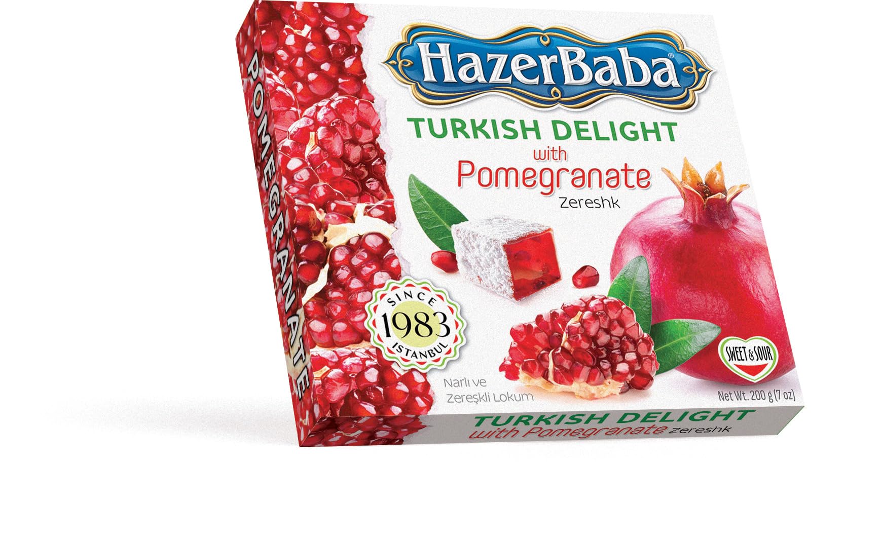Hazer Baba Premium Turkish Delight Candy, Pomegranate & Zereshk Flavored, Gourmet Snack Box, Traditional, Vegan Snack, Turkish Lokum, Sweets, Loukumi, Delicias Turcas, Halal, Kosher, 7oz (200g)