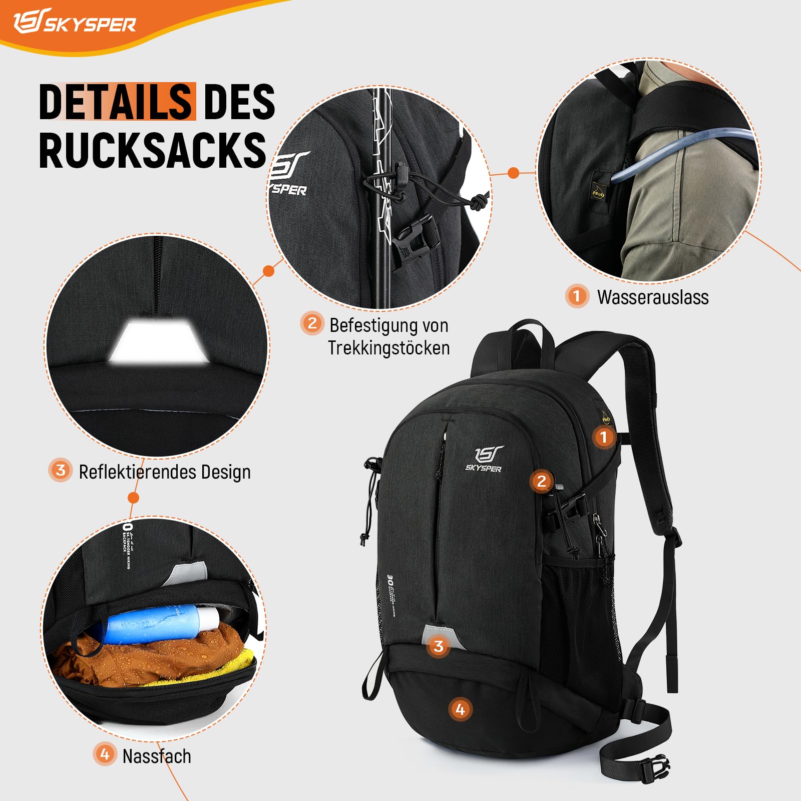 SKYSPER 30L Sac à Dos de Randonnée avec Compartiment pour Chaussures Sac de Sport pour Excursions Trekking Voyage