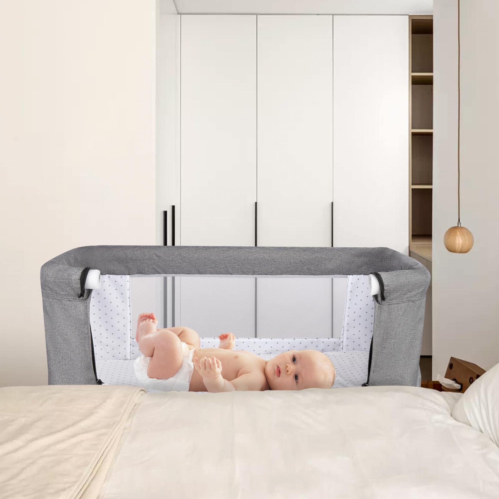 OHMG Bijzetbed voor pasgeborenen, met muggennet, babywieg aan de zijkant van het bed, in hoogte verstelbaar, wieg voor pasgeborenen met 360° draaibare wielen, mand voor voorwerpen OHMG Bijzetbed voor pasgeborenen, met muggennet, babywieg aan de zijkant van het bed, in hoogte verstelbaar, wieg voor pasgeborenen met 360° draaibare wielen, mand voor voorwerpen