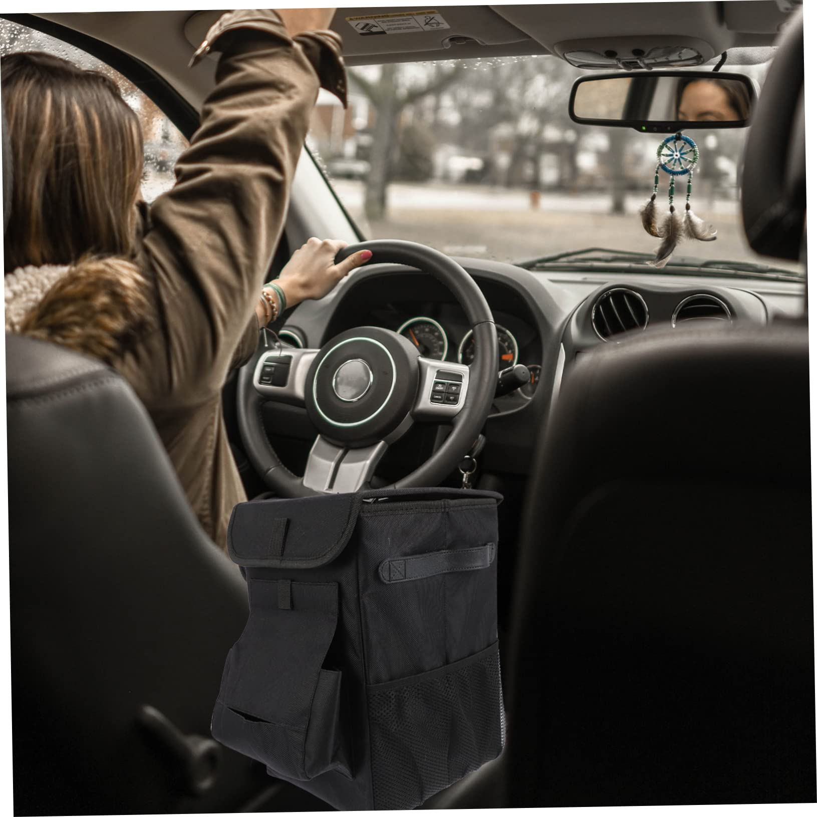 Zerodeko Auto Mülleimer aus Oxford Gewebe, Faltbar und Hängbar, Schwarz | Seitentaschen aus Mesh und Fronttasche, für Konsole oder Vorderen Sitz, für Kinder im Fahrzeug