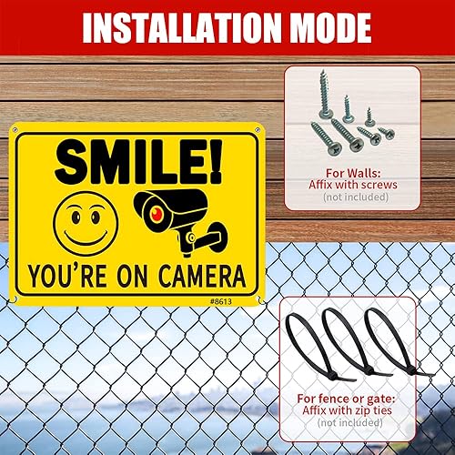 Miniatura 2 de Paquete de 2 letreros de seguridad divertidos de 10 x 7 pulgadas con cara sonriente e icono de cámara, aluminio sin óxido, impresión UV y resistente