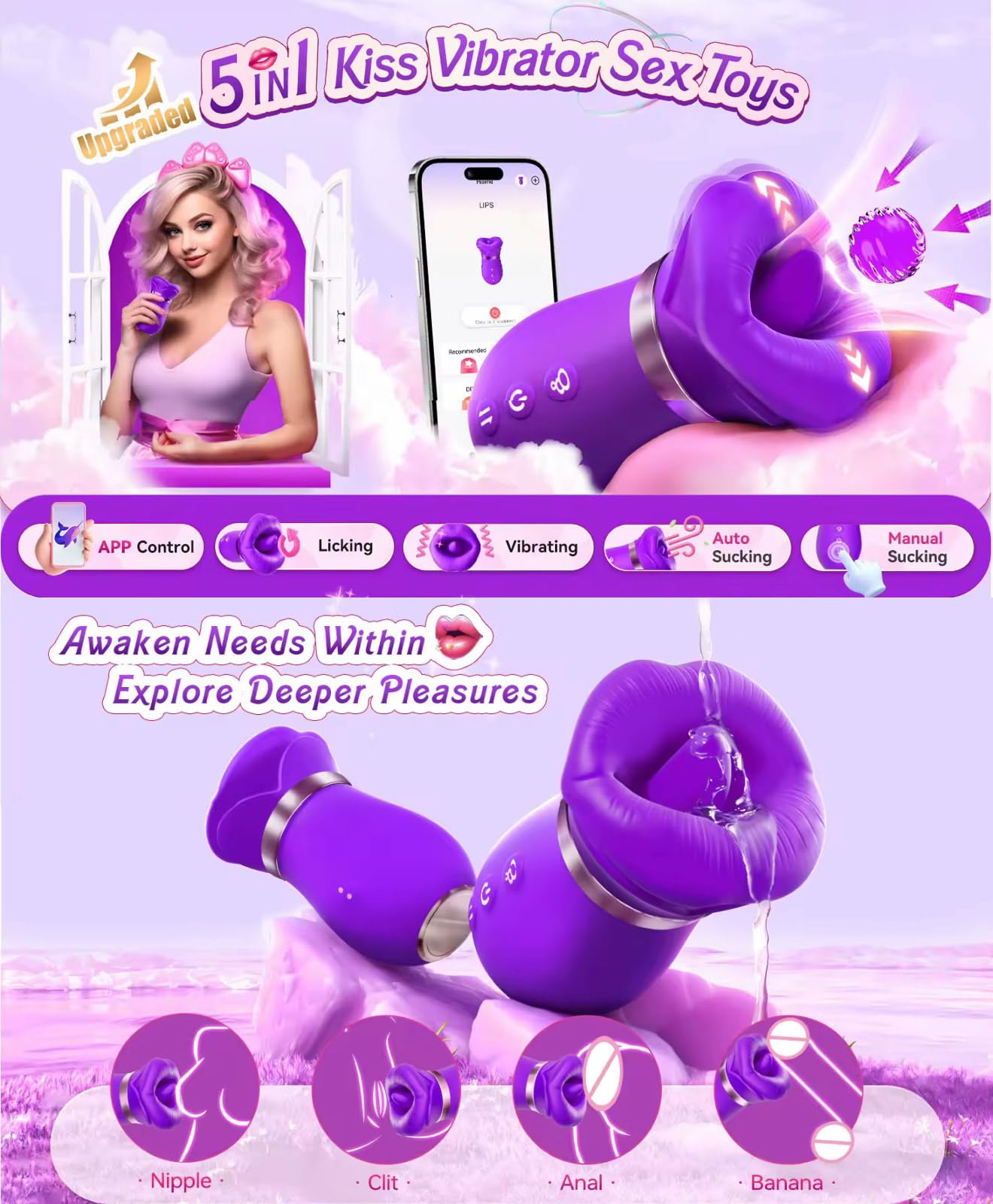 Mr. James Concepts – 5 – in – 1 smart dispositivo per il benessere intimo – con controllo tramite app Kiss Vibrator with Licking, vibrazione & aspirazione – Ergonomic Design for External intimo