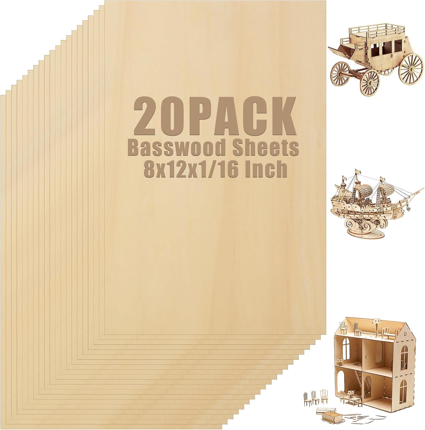 LANIAKEA 20 Pieces Plywood Sheets 8x12x1/16 Inch Rectangle Unfinished Basswood Wooden Sheets 1.5mm for Craft Hobby Model Making DIY Project, Wood