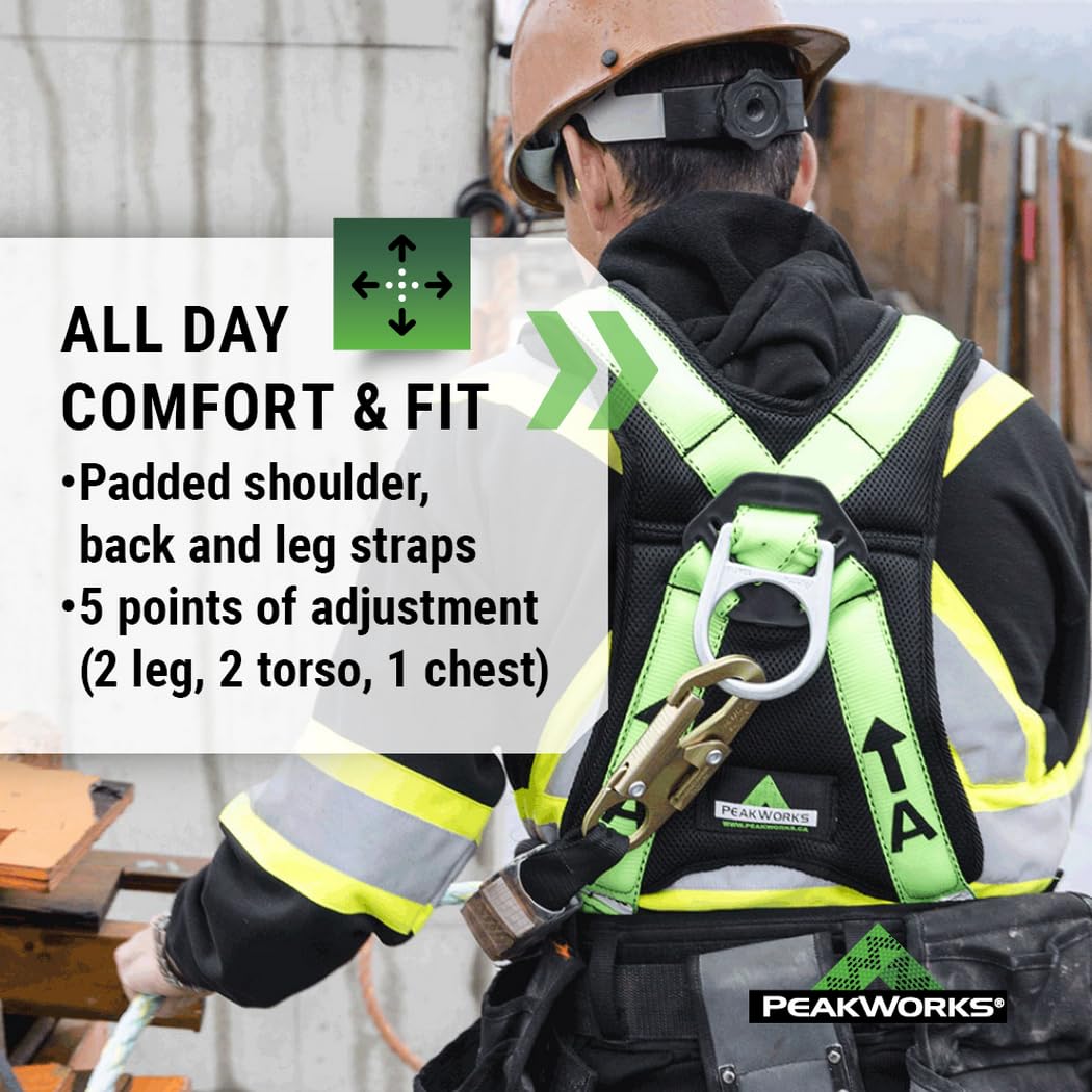 PeakWorks PeakPro Series Safety Harness - Full Body Safety Harness - CSA & ANSI Compliant Fall Protection - 310 lbs Capacity - Universal Size (Multiple Classes & Leg Buckle Types)