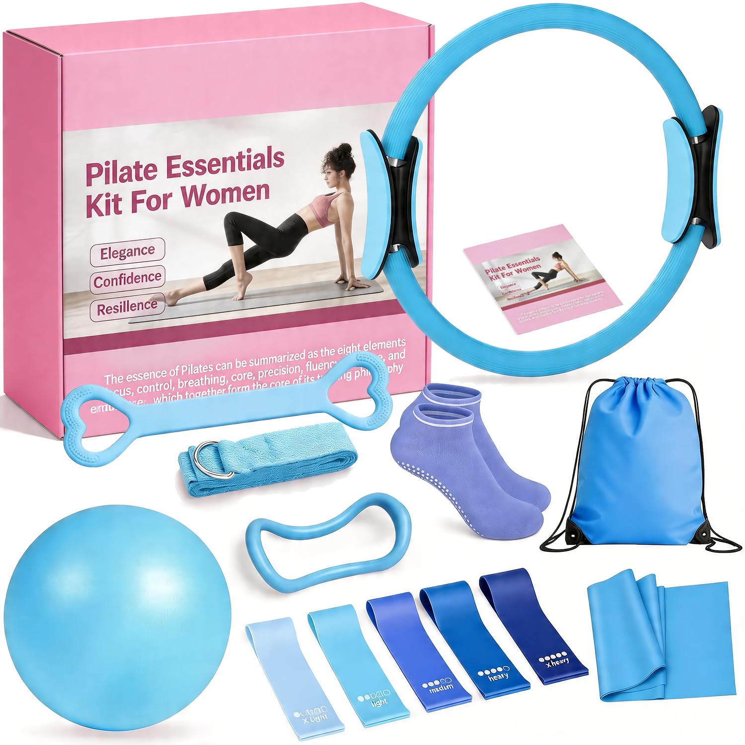 Purecas Home Pilates & Yoga Starter Kit for Women & Beginners | 9 Inch Exercise Ball, Resistance Bands, Pilates Ring, Ankle Straps | Essential Equipment Set for Core Workouts, Stretching (Blue)