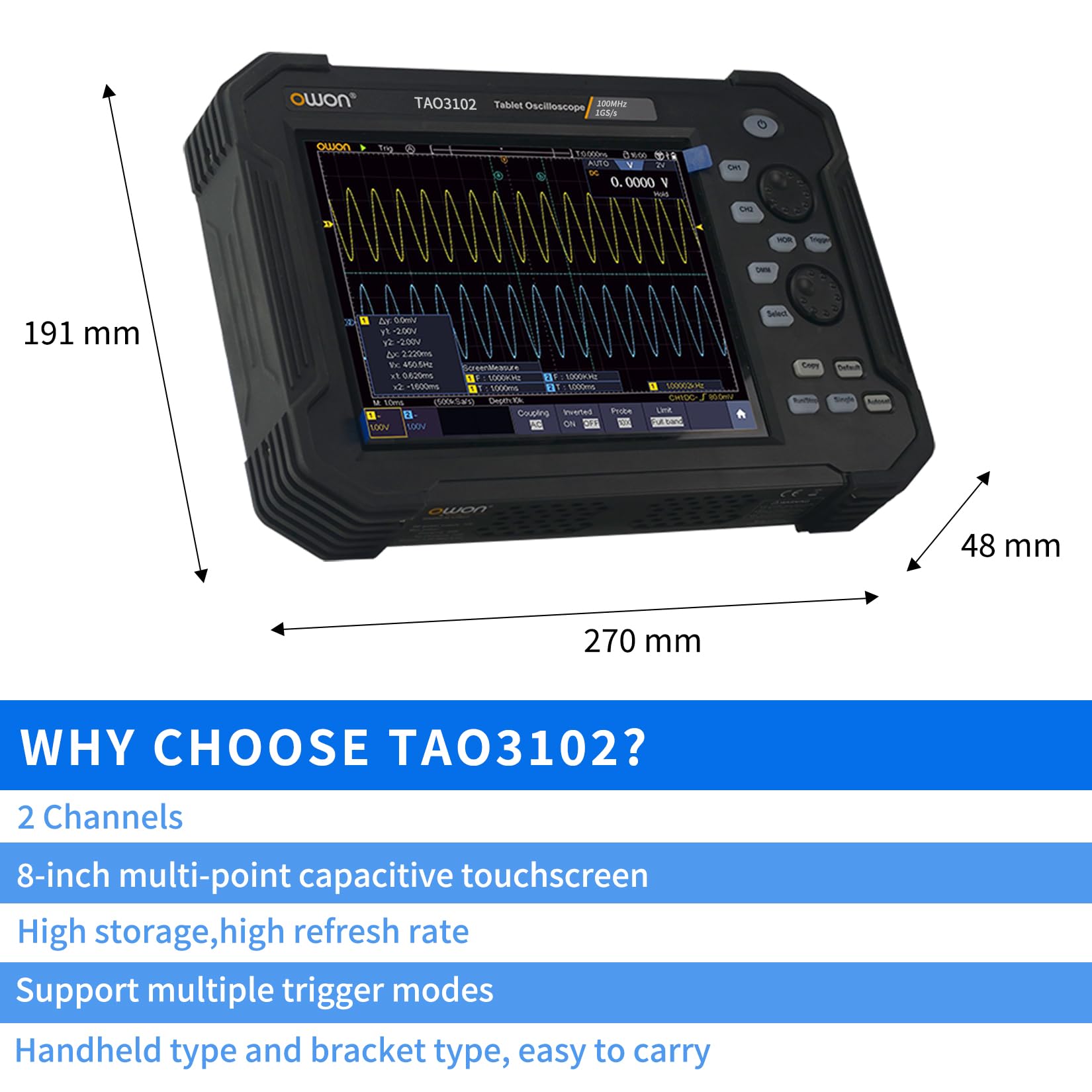 OWON Oscilloscopio Digitale TAO3102, Oscilloscopio a 2 Canali, Larghezza di Banda 100 MHz e Frequenza di Campionamento 1 GS/s, Velocità di Aggiornamento della Forma D'onda 45.000 wfms/s