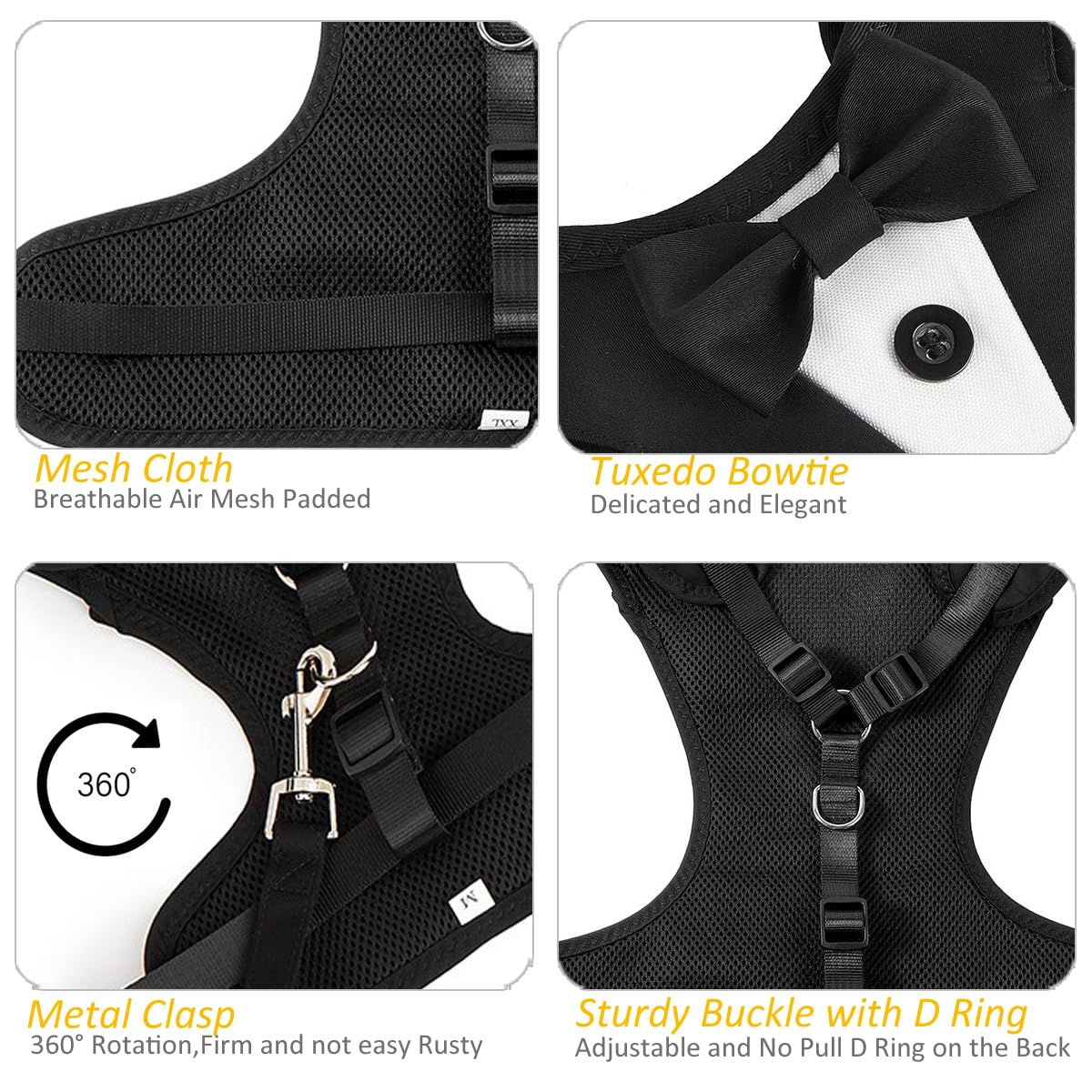 Arnés de esmoquin para perro, arnés ajustable para mascotas, sin tirones, para perros pequeños y medianos, traje de boda para perros con pajarita, disfraz de fiesta (negro, XXL)