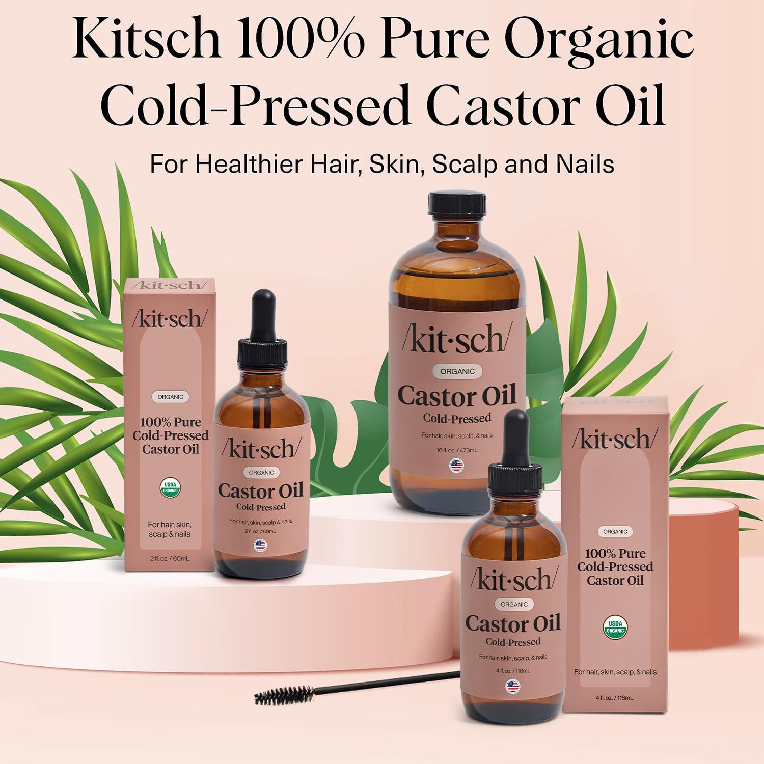 Kitsch Organic Castor Oil for Hair Growth - 100% Pure Castor Oil, Organic Cold Pressed Unrefined Glass Bottle for Face, Skin, Lashes, Brows, Scalp, Nails & Belly Button - Hexane Free, USDA - 2 oz