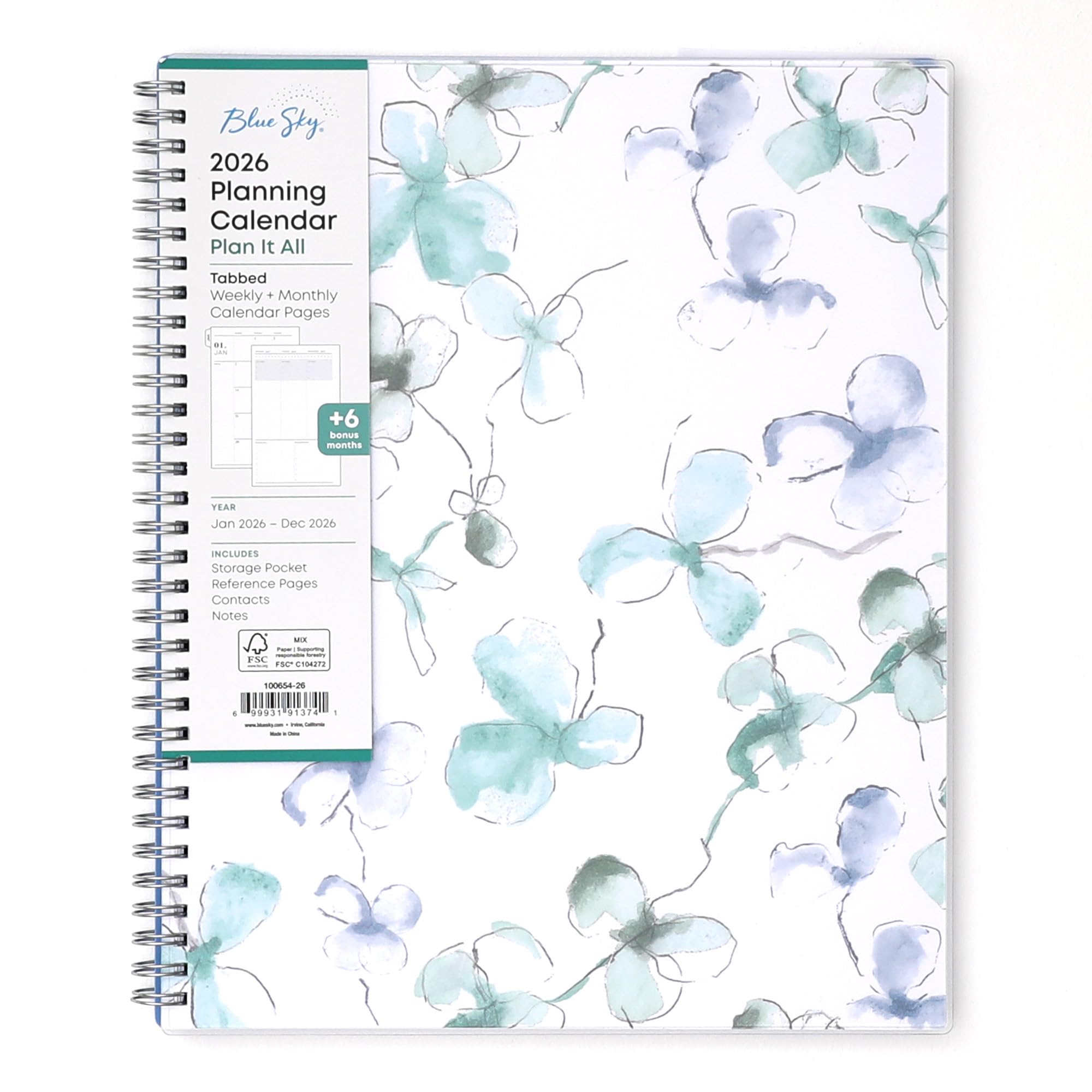 blue sky 2026 weekly and monthly planner calendar, january 2026 - december 2026, 8.5" x 11", flexible cover, laminated tabs, durable twin wire binding, storage pocket, lindley