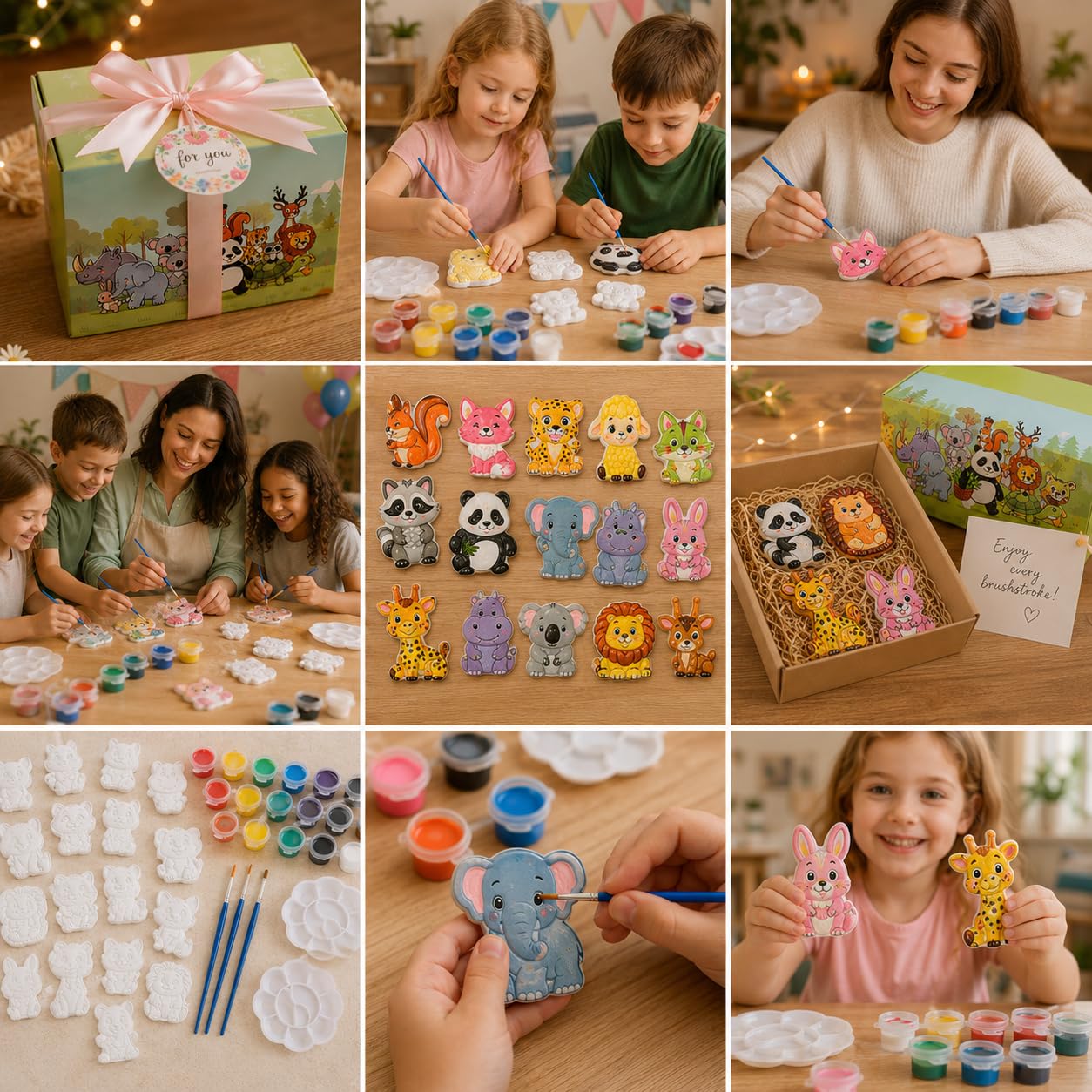 Nomumv Kit de pintura de cerámica de bosque de animales, juego de arte y manualidades para niños y adultos, figuras de animales de bisque listas para pintar con pinturas, pinceles y paletas