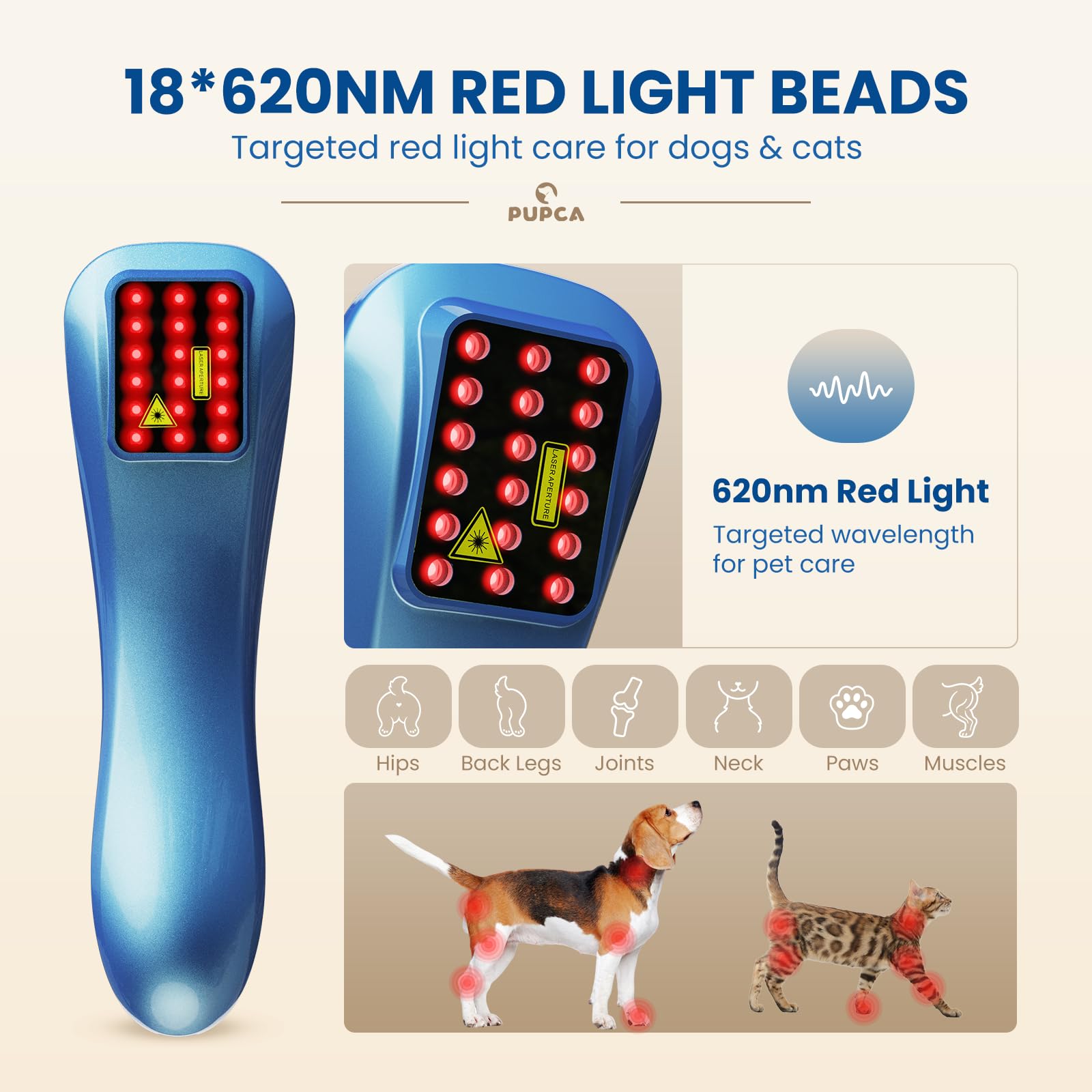 Dispositivo Terapia Luz Roja para Perros y Gatos, 18 * 620nm Dispositivo de Fototerapia para Mascotas Músculos, Cadera & Articulaciones, 2 Modos & Temporizador de 15 Minutos, Uso Diario en Casa