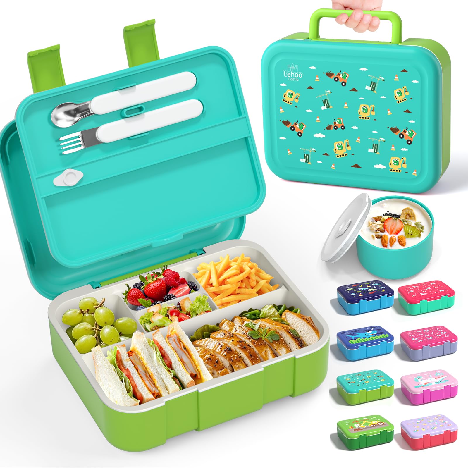 Lehoo Castle Bento Lunch Box for Kids 1250ml Girls Lunchbox with 5 Compartments, Toddler Lunch Containers with Spoon&Fork