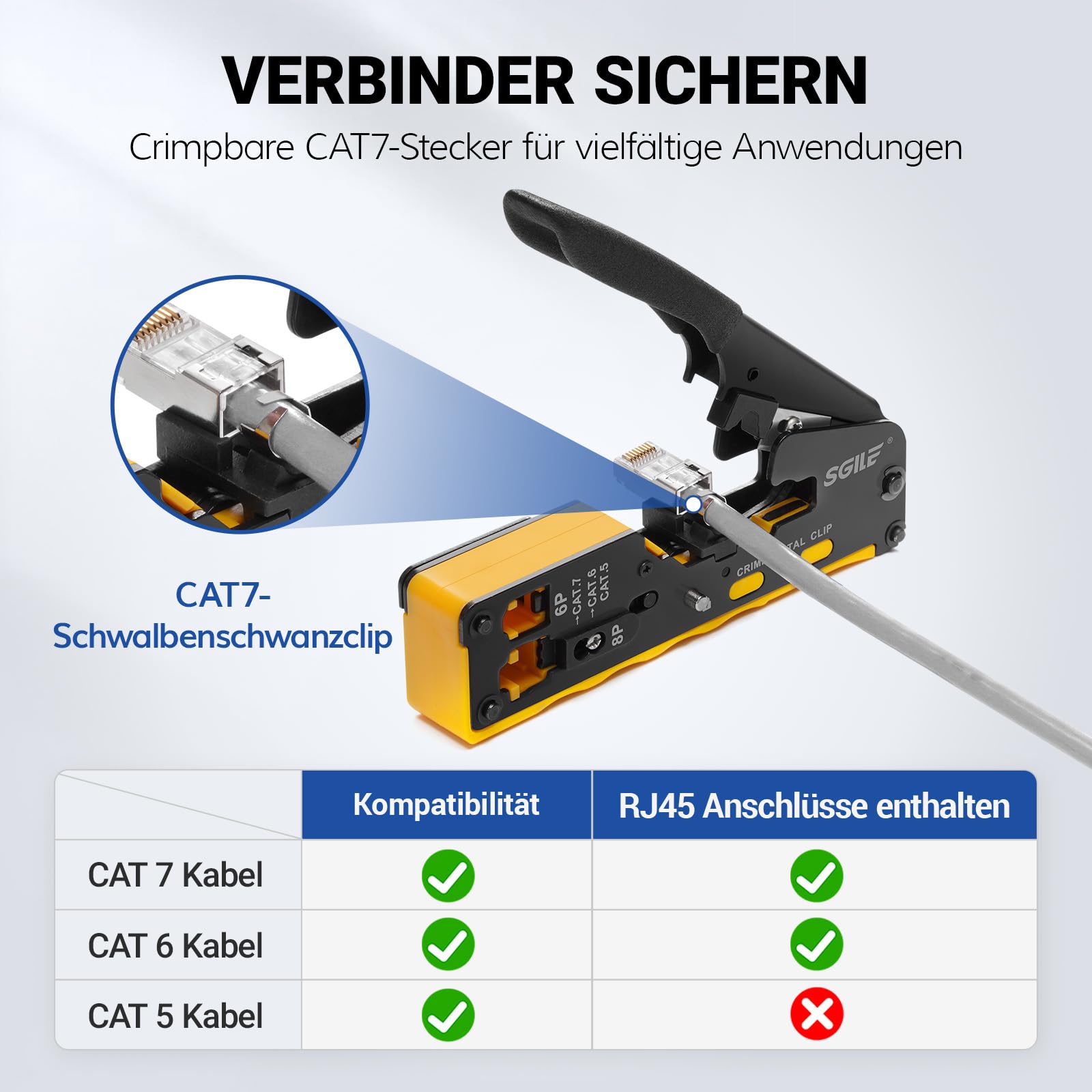 SGILE Crimpwerkzeug-Set RJ45, Werkzeug Paket für Cat5 Cat6 Cat7, Durchgangs-Abisolier und Schneidwerkzeug, Ethernet-Kabel-Wartungssets, Kabeltester, Cat5/6/7, 25 Stecker, für Computer-LAN-Kabel