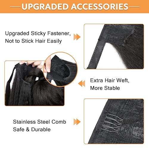 Miniatura 5 de WIGNEE Extensión de cola de caballo larga y recta de 16 pulgadas para mujeres negras extensiones de cabello de cola de caballo de color negro