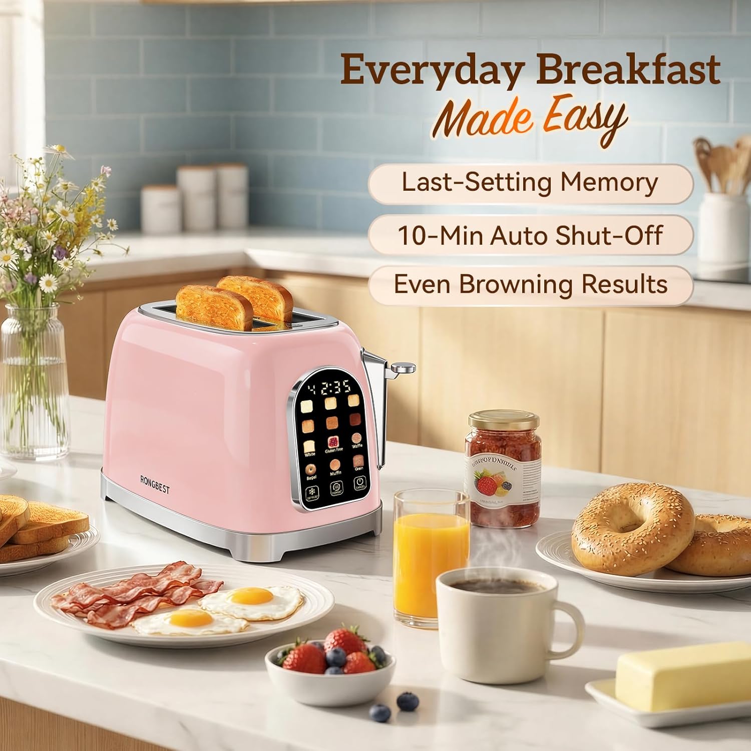 RONGBEST Retro 2 Slice Stainless Steel Toaster with Wide Slot Touchscreen, Reheat & Defrost, 6 Browning Levels for Bagel & Bread, Easy Removable Crumb Tray, Blush Pink