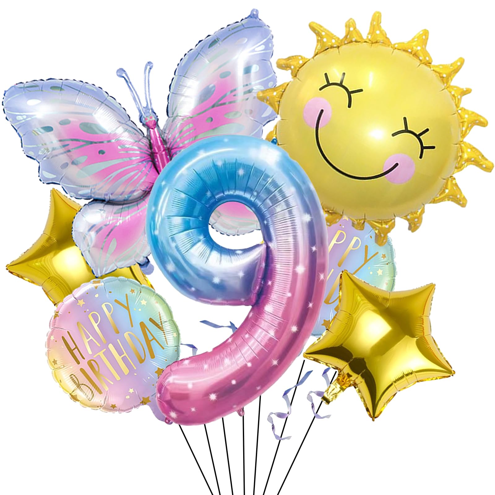 Sonne Schmetterlinge Luftballon 9 Jahre Mädchen,Schmetterling Geburtstagsdeko Mädchen 9 Jahre,Schmetterlinge Deko 9. Geburtstag Folienballon,Kindergeburtstag Deko für Schmetterlings Themen Party