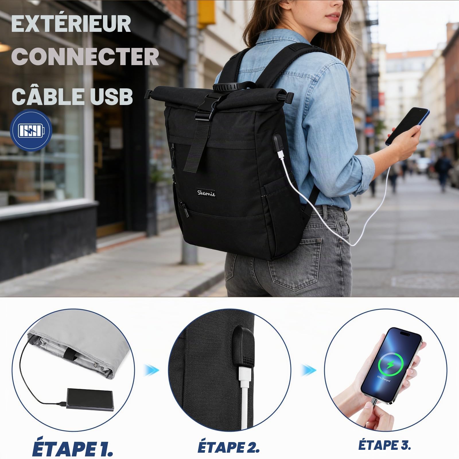 Sac à Dos Roll-Top Étanche Homme & Femmes, Sac Imperméable pour Ordinateur Portable 15,6 Pouces, Backpack Extensible pour Travail Loisirs Voyage École