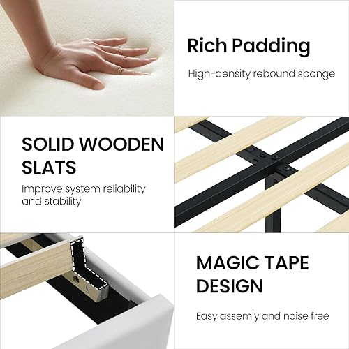 Miniatura 6 de Marco de cama individual con cabecero, marco de cama de plataforma tapizado en cuero sintético, marco de cama negro tamaño individual, soporte de