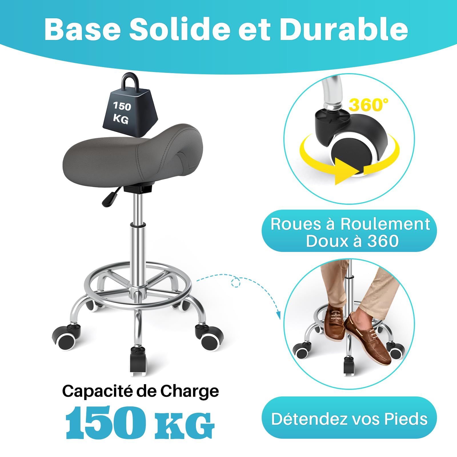 YEEZEE - Taburete de sillín de caballo ergonómico con ruedas para oficina, color gris | Antimal de espalda, comodidad óptima, altura 46-59 cm, capacidad 150 kg, taburete ruedas para peinado, tatuaje, dental