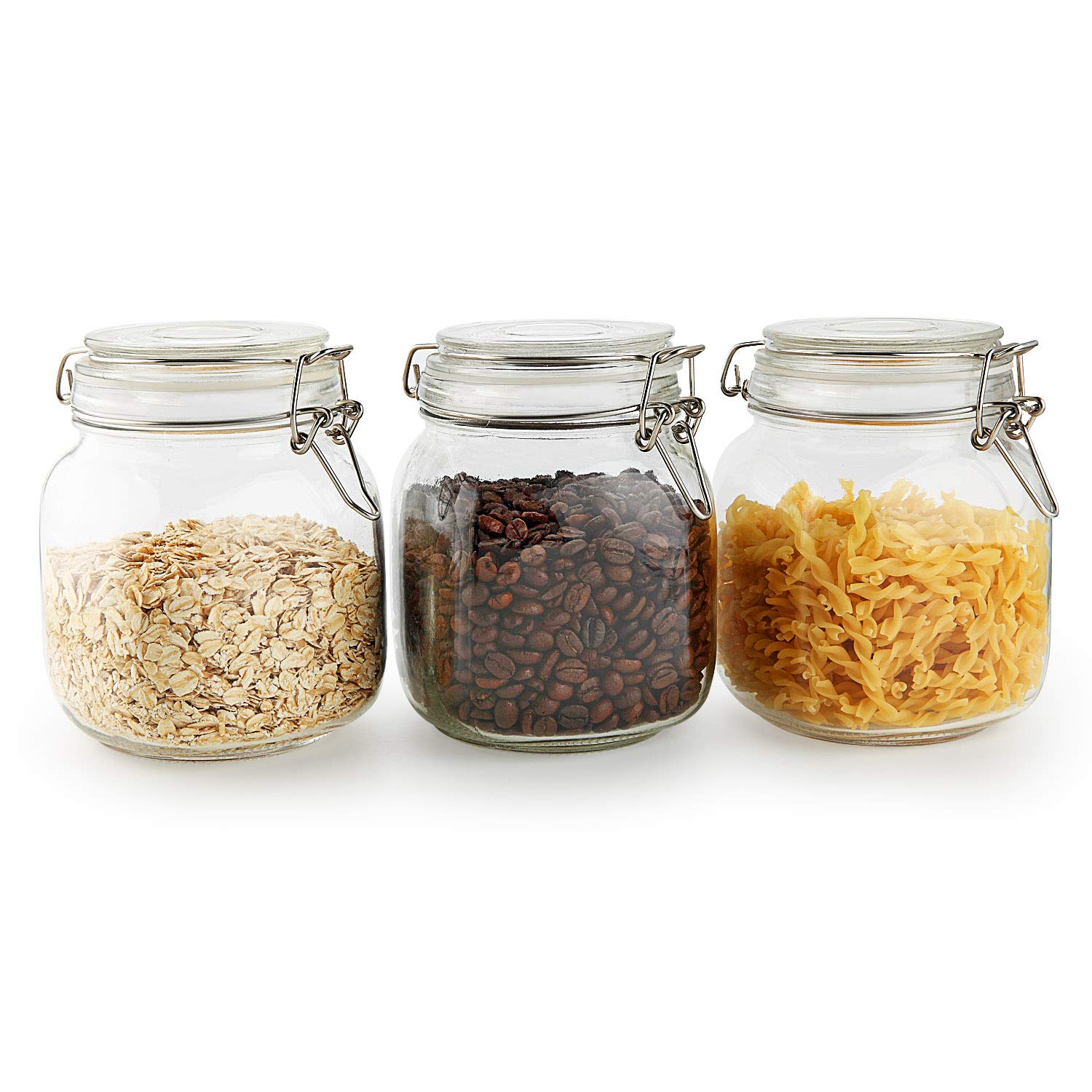 ComSaf Airtight Glass Canister Set of 3 with Lids 34oz Food Storage Jar Square - Storage Container with Clear Preserving Seal Wire Clip Fastening for Kitchen Canning Cereal,Pasta,Sugar,Beans,Spice