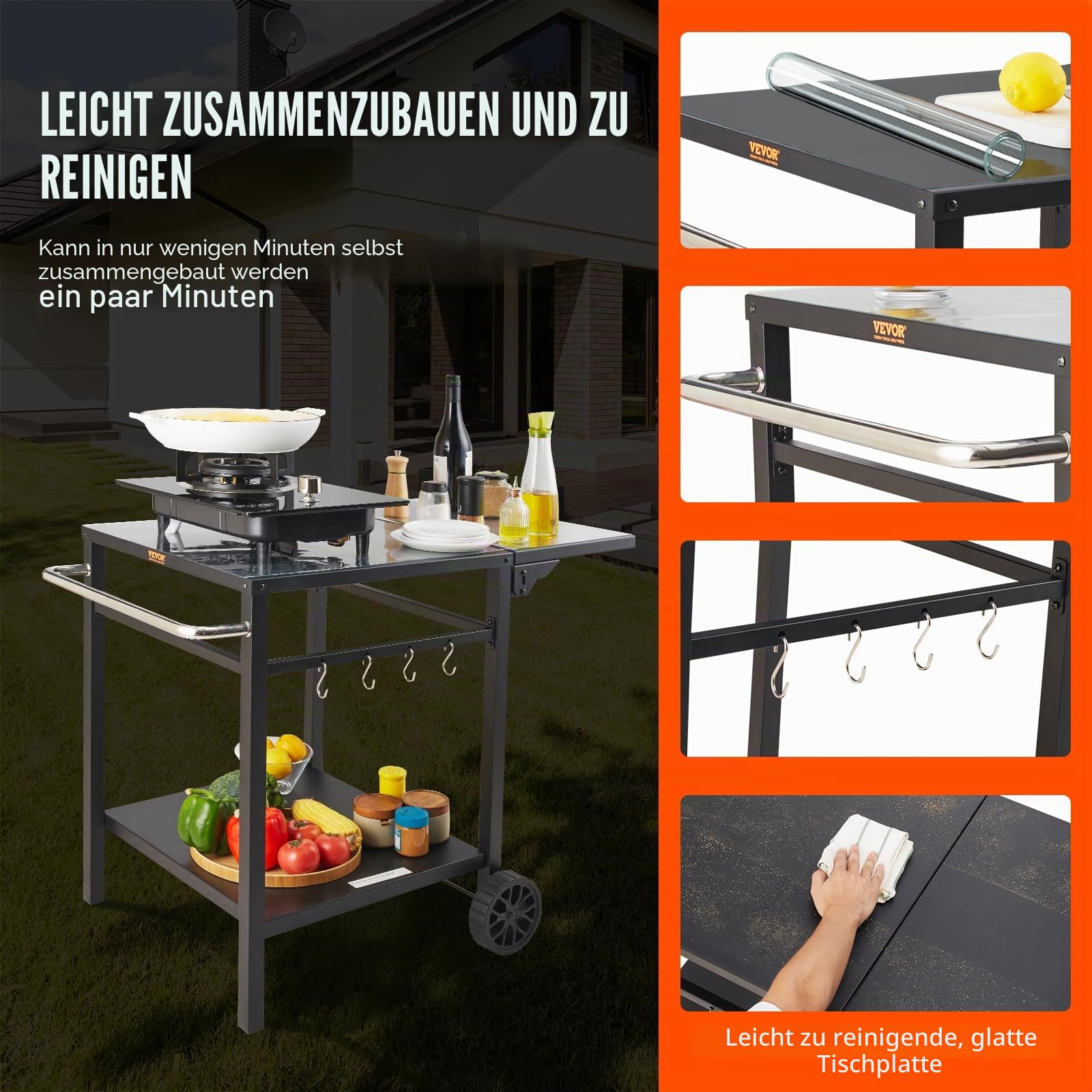 VEVOR Grillwagen Küchenwagen 97,2 x 64 x 75,5 cm Outdoor Servierwagen mit Doppelter Ablage, Beweglicher Grilltisch für die Zubereitung von Speisen, Multifunktionale Tischplatte aus Eisen Schwarz