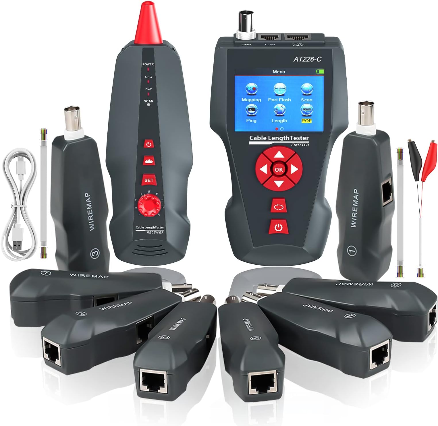 Network Cable Tester, AT226-C LAN Network Cable Tester for RJ45, RJ11, BNC, PING/POE 8 Identifier Telephone Wire Tracker NF-8601W